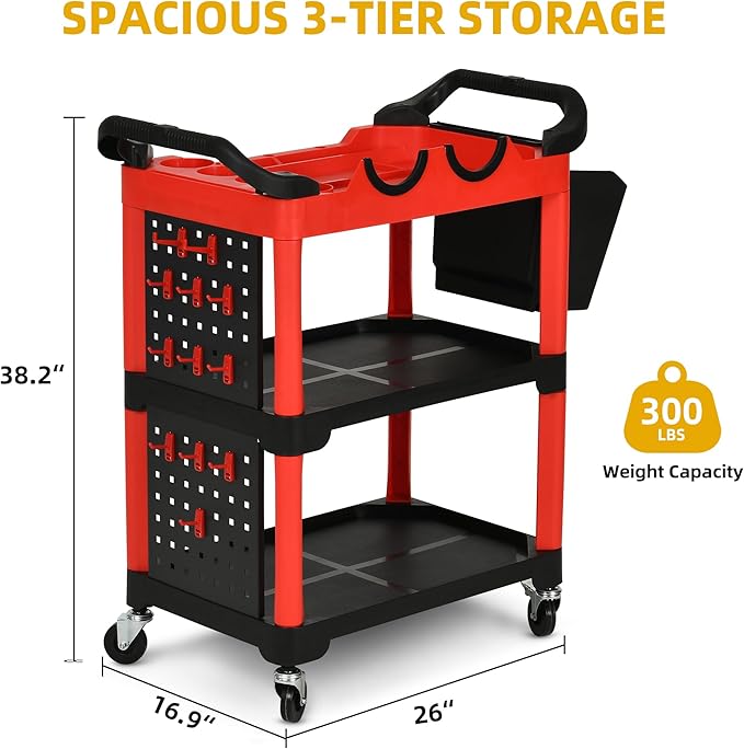 DWVO Auto Detailing Cart with Wheels, 3-Tier Rolling Tool Organizer with 2 Polisher Brackets, 17" D x 32" W Car Wash Utility Cart with Hooks & Hanging Bucket for Garage, Workshop, DIY Home
