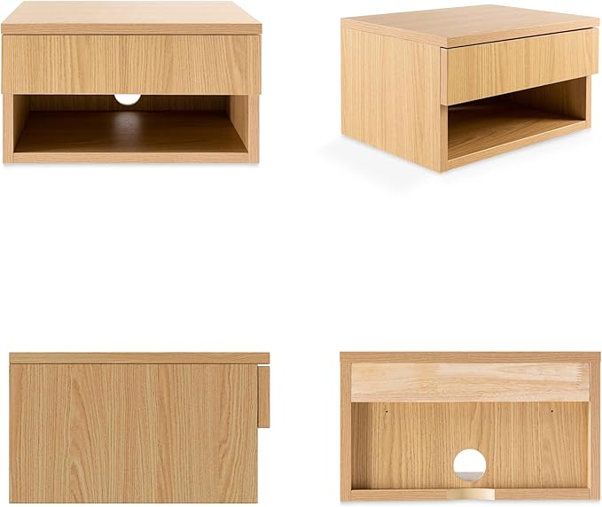 JONATHAN Y NST2002C Ettore 15.71" Mid-Century Modern Floating Wall Mounted Nightstand with Soft-Close Drawer and Cable Hole, Light Oak