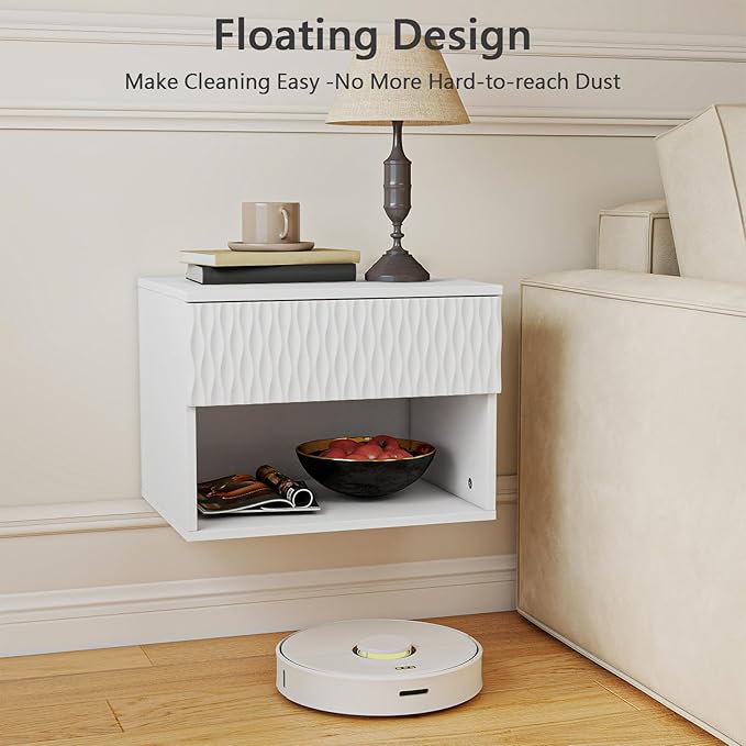 Floating Nightstand Set of 2,Modern Bedside Tables with for Bedroom,Small Night Stands with Drawer and Open Shelf, Wall Mounted End SideTables Set for Living Room
