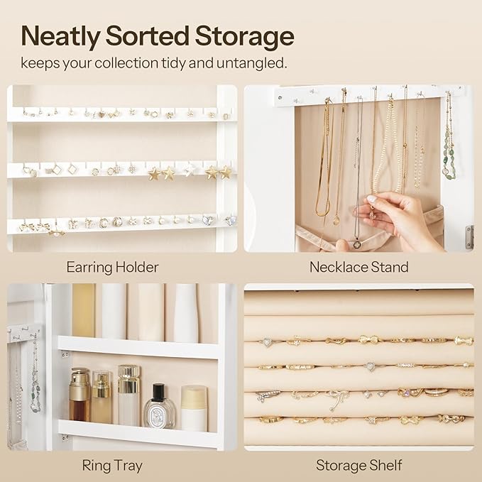 HOOBRO LED Mirror Jewelry Cabinet, Wall/Door Mounted Jewelry Organizer, Jewelry Aromire with Wavy Mirror Full Length, Lockable Cosmetics Storage Cabinet, Interior Mirror, 16.5" x 4.1" x 43.3", White