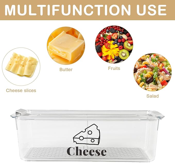Cheese Container Airtight with Draining Basket Cream Block Cheese Sliced Cheeses Box with Lid for Fridge Shredded Saver 2 Compartment Deli Meat Storage Box,Cheeses Sliced,Grated,Cheddar Keeper