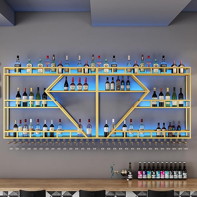 63in Metal Wine Rack Wall Mounted, Modern Wine Storage Rack Wall Mounted with Wine Glass Holder, Liquor Shelf, Bar Shelves for Liquor Bottles (3TIERS Gold, 63 * 7.87 * 33.85INCH)