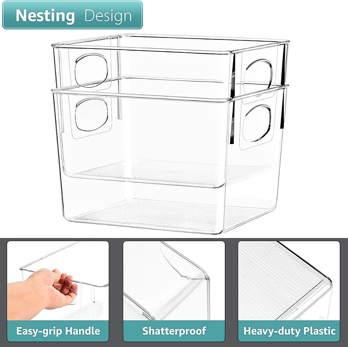 Sorbus 2 Pack Medium Clear Plastic Storage Bins, Clear Organizer Bins with Handle for Kitchen, Pantry, Cabinet, Refrigerator, Craft, Toys, Clothes, Closet, Under Sink, Bathroom Organizers and Storage