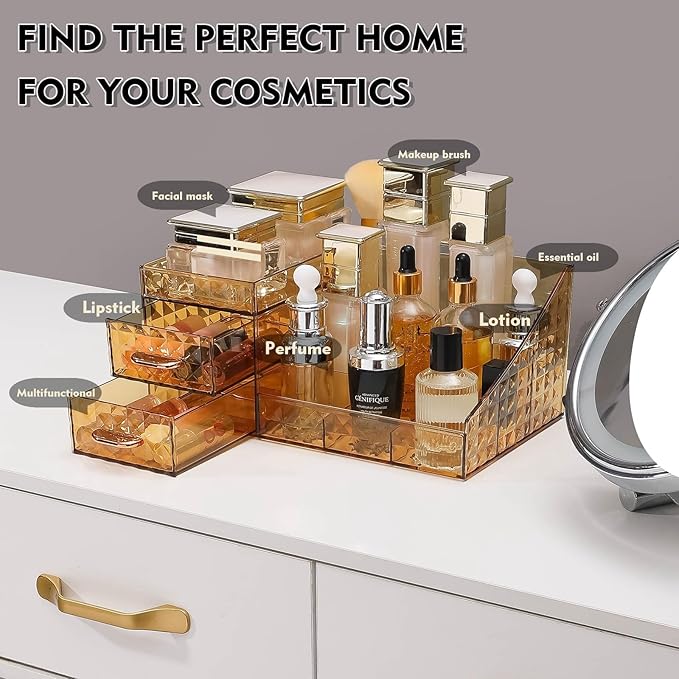 Clear Makeup Organizer for Vanity,Desk Makeup Caddy With Drawers for Cosmetics,Lipsticks Nail Care Skincare Jewelry Countertop Organizers,Cosmetic Display Cases for Bathroom, Dresser (Amber)