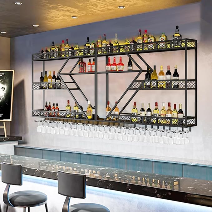 63in Metal Wine Rack Wall Mounted, Modern Wine Storage Rack Wall Mounted with Wine Glass Holder, Liquor Shelf, Bar Shelves for Liquor Bottles (3TIERS Black, 63 * 7.87 * 33.85INCH)