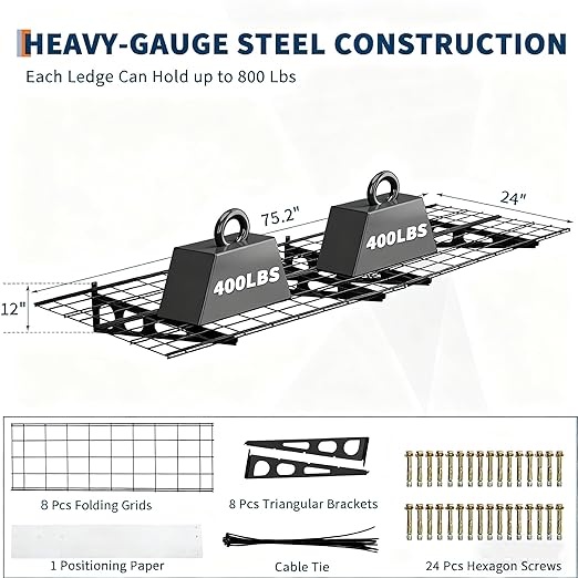 GarveeHome 2 Pack 2x6ft Garage Storage Shelving Wall Mounted, 24-inch-by-72-inch 1600 Lbs Heavy Duty Sturdy Storage Shelves, Wall Shelves Folding Storage Garage Organization for Warehouse, Laundry
