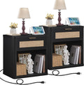 LEYAOYAO Rattan Nightstands Set of 2 with Charging Station, Black Night Stand with Drawer, 23" Wide Boho Bedside Table with Storage Shelf, Bed Side End Tables for Bedroom, Living Room, Hallway