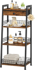 4-Tier Ladder Shelf with Drawer, Bathroom Stand Floor Storage Shelf, Freestanding Tower Table Ladder-Rustic Brown.