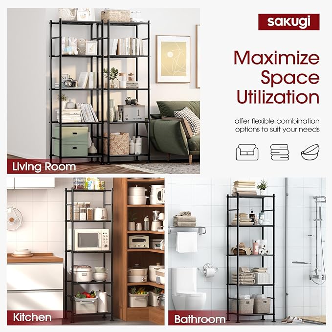 Storage Shelves - Set of 2, 5-Tier Metal Shelf Organizer, Space-Saving Garage Shelving with Leveling Feet, Standing Shelves Organizer for Kitchen, Laundry, Pantry (18.4" x 12.6" x 57.4", Black)