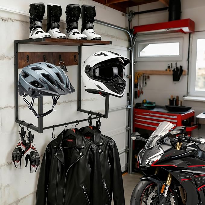 Motorcycle Helmet Wall Mount Rack, Heavy-Duty Helmet Holder with Storage Shelf for Moto Gear Accessories Organization, 2 Helmet Stands, 4 Clips, 9 Hooks for Hanging Gloves, Keys, Jackets