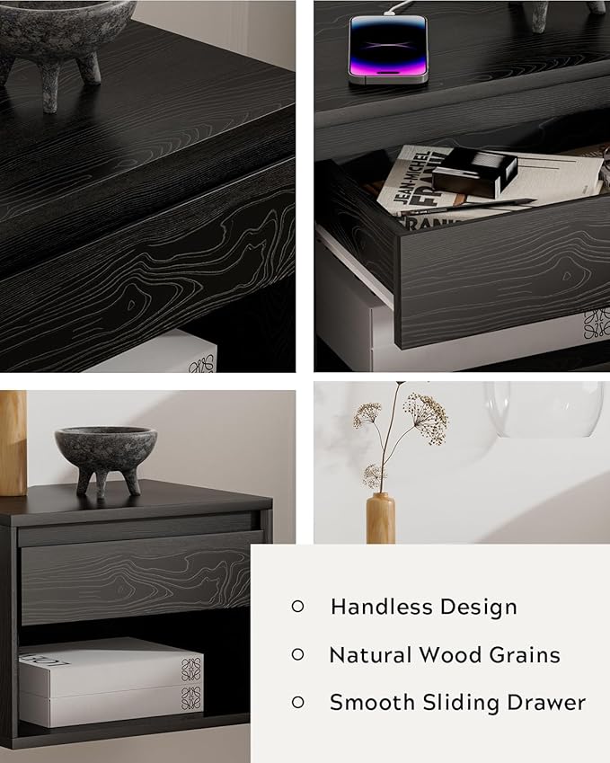 Mid Century Modern Floating Nightstand Set of 4, Wall Mounted End Table with Drawer and Open Compartment Wooden Bedside Night Stand Small Storage Cabinet for Bedroom, Black