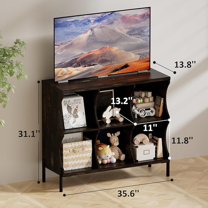 6 Cube Storage Shelf Organizer, Low Book Shelf Bookcase Entryway Table, Wood Closet Storage Display Cabinet TV Stand for Living Room, Office,Bedroom, Dorm, Dark Brown with Dark Brown Top