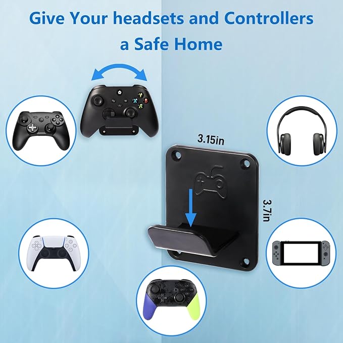 Controller Holders Wall Mount 3 Pack Wall Stands With Non-Slip Pads, Premium Headphone Mount for Controllers and Headsets, Black, YCKJ-WM-01