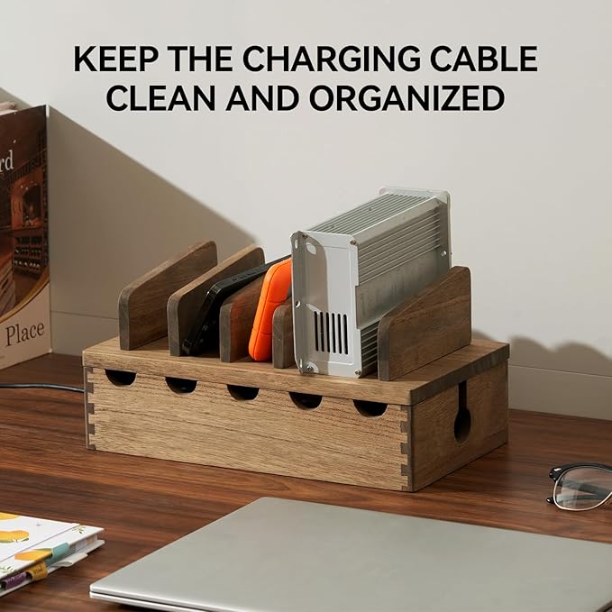 KIRIGEN Wood Charging Station Rack Organizer for Multiple Devices Desktop Organizer with 5 Ports for Cell Phones, Tablets, Earphones Wooden Cable Management DDXH-DBR