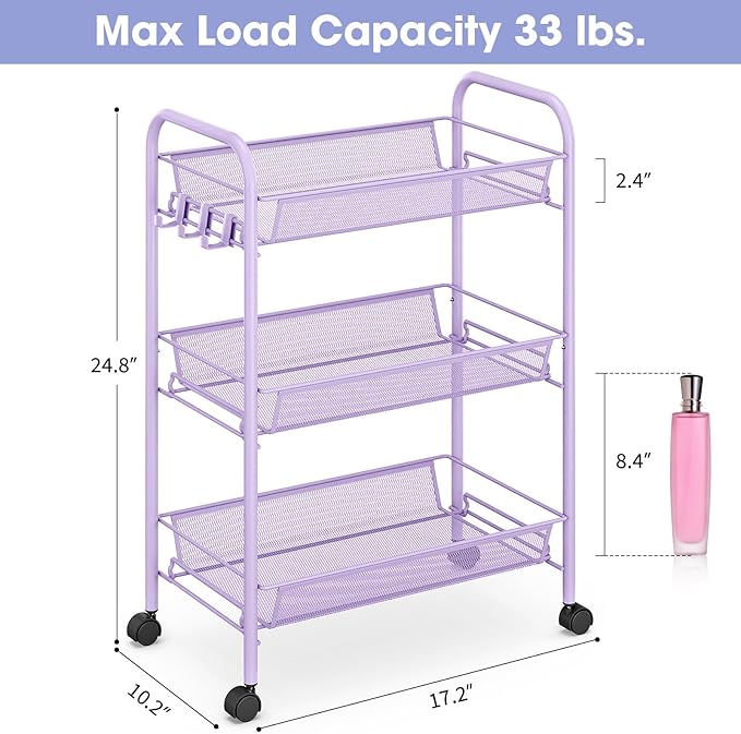TOOLF 3-Tier Metal Rolling Cart, Mesh Wire Easy Assemble Utility Cart, Storage Trolley on Wheels with 3 Hooks, MetalStorage Shelving Units for Kitchen Bathroom Laundry Room