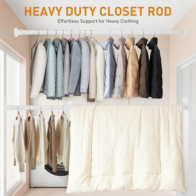 White Adjustable Closet Rod 18-92 Inches, Heavy Duty Metal Clothes Hanging Rod, Rust-Proof Non-Slip Wardrobe Bar for Closet, Laundry Room, RV