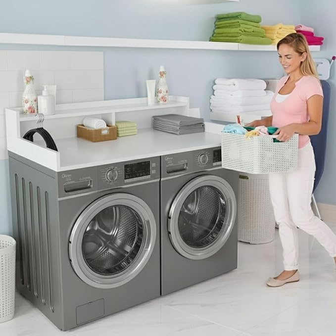OfficeSimpli Washer Dryer Countertop with Shelf - 27.5 x 54 Inch - Made in USA Laundry Countertop Over Washer and Dryer with Non-Slip Pads, Storage Shelf, Laundry Topper Organizer, Gracier White