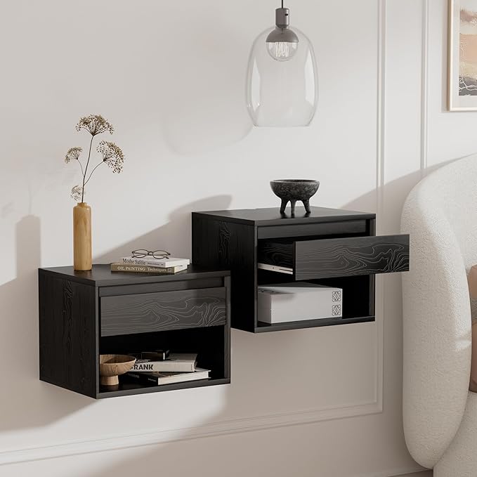 Mid Century Modern Floating Nightstand Set of 4, Wall Mounted End Table with Drawer and Open Compartment Wooden Bedside Night Stand Small Storage Cabinet for Bedroom, Black