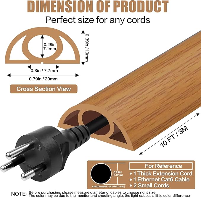 Floor Cord Cover Self Adhesive Cord Hider,10FT Cable Management, Extension Strip Protector for Wires, Prevent Cable Trips for Offices, Gyms, Exhibitions Cavity:0.3"(W) x 0.28"(H) Brown Wood