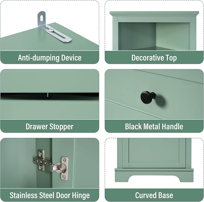 68.9" Tall Triangle Corner Cabinet with 3 Drawers & Adjustable Shelf, Freestanding Storage Cabinet,Water-Resistant, Anti-Tip Design,Space-Saving Organizer for Bathroom, Kitchen, Living Room, Green