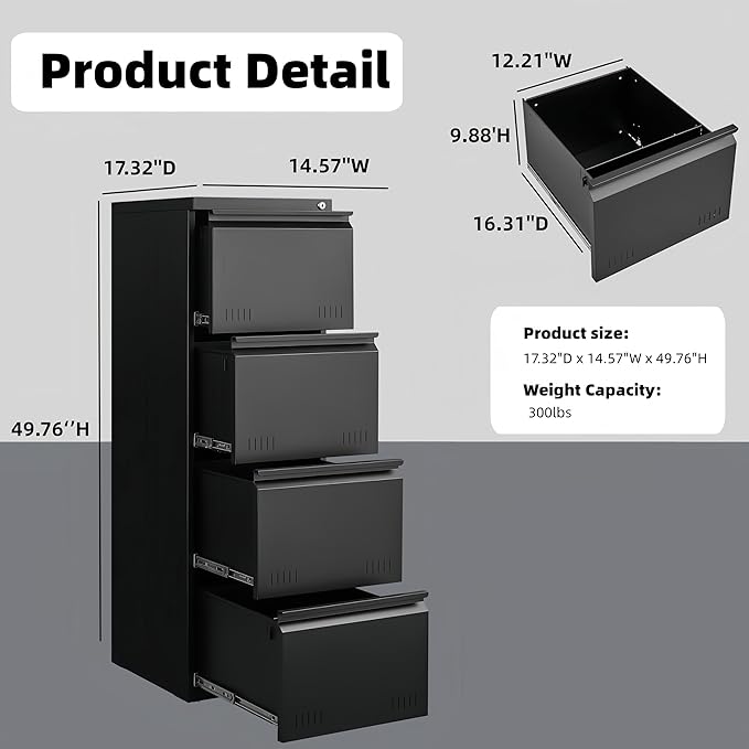 Metal File Cabinet with Lock, Vertical 4 Drawer File Cabinets for Home Office, Heavy Duty Office Storage Cabinet for A4/Letter/Legal Size, Assembly Required(Black)