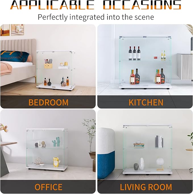 Beauty4U Glass Display Cabinet with 2 Shelves, 2 Doors Curio Cabinets for Living Room, Bedroom, Office, White Floor Standing Glass Bookshelf, Quick Installation