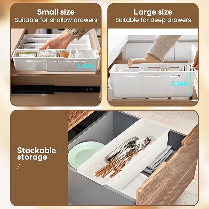 Adjustable Drawer Organizers - Expandable Drawer Dividers Organizers, Thickened PP Drawer Organizer Trays for Utensils, Pens, Makeups, Flatware and Junks, Multi-Use (Large)