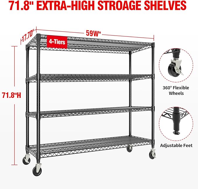 71" H Storage Shelves 2640LBS Heavy Duty Shelving Unit with Wheels & Feet, 4-Tiers Garage Shelving for Pantry Garage Kitchen Home Commercia, 71.8" H x 59" W x 17.7" D