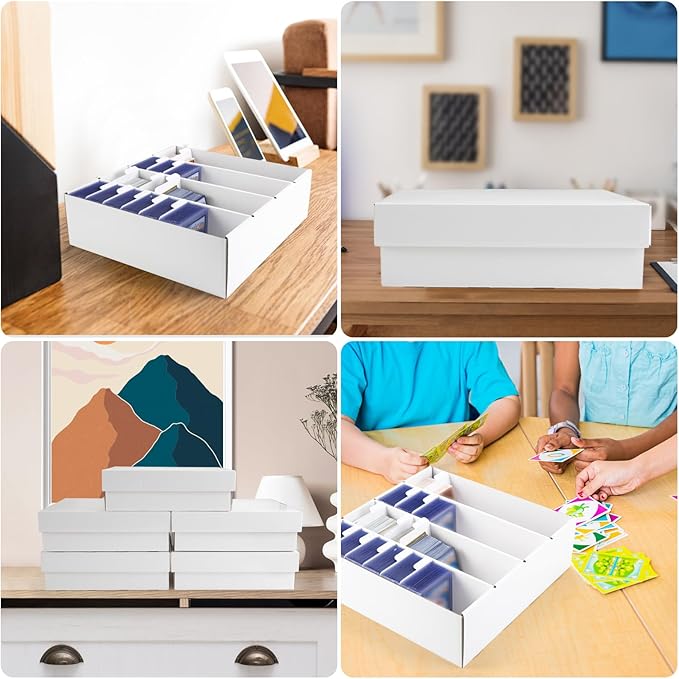 Trading Card Storage Box, 4 Row 3200 Count Collector Cards Box with Divider, White Corrugated Cardboard Compatible with Top Loader Organizer Sorting Tray Box for Sports Cards, MTG, TCG Cards (1-Pack)