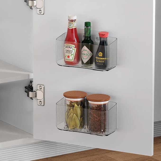 MaraFansie 4 Pack Over Cabinet Organizer Storage Lid Organizer Caddy Space Saver No Drilling Adhesive Hook Over Door Organizer, Transparent