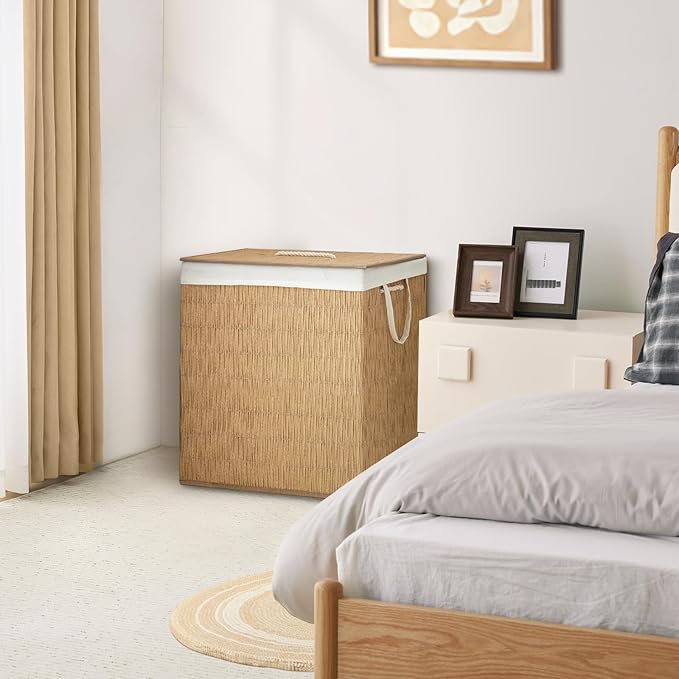 Laundry Hamper with Lid, 39.6 Gallon(150L) Large Laundry Basket 2 Removable Liner Bags, Synthetic Rattan Clothes Hamper with Side Pocket, laundry organization for bathroom, laundry room, Natural
