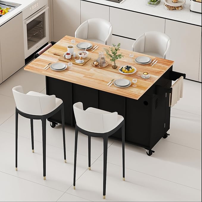 59’’ Rolling Kitchen Island Cart with Drop Leaf and Power Outlet, Movable Kitchen Islands with 3-Tier Door Storage Shelf, Island Table on Wheels, 2 Large Drawers, Towel Racks, Black