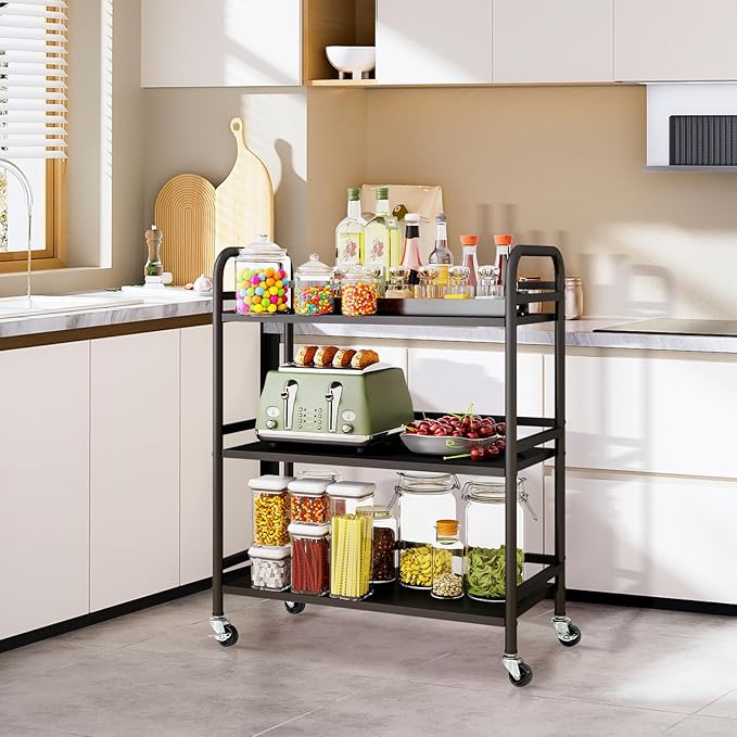 HDANI 3 Tier Metal Utility Multipurpose Rolling Cart,Large Capacity Heavy Duty Cart with Lockable Wheels Rolling Cart with 2 Lockable Wheels for Home,Office,Kitchen,Bathroom,Bedroom(Black)