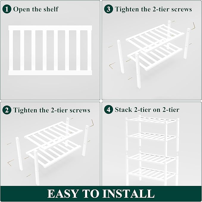 Smiry Bamboo Shoe Rack for Closet, 4 Tier Small Wooden Stackable Shoe Organizer, Free Standing Shoes Storage Shelf for Entryway, Front Door Entrance, White