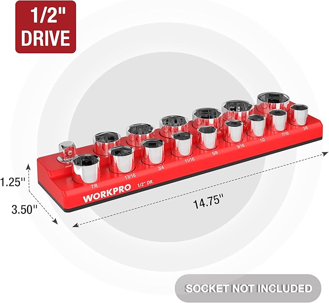 WORKPRO Magnetic Socket Organizer, 1/2-Inch SAE Sockets Holder, Socket Trays Holds 16 Pieces Standard Size and Deep Size Sockets(Socket not Included)