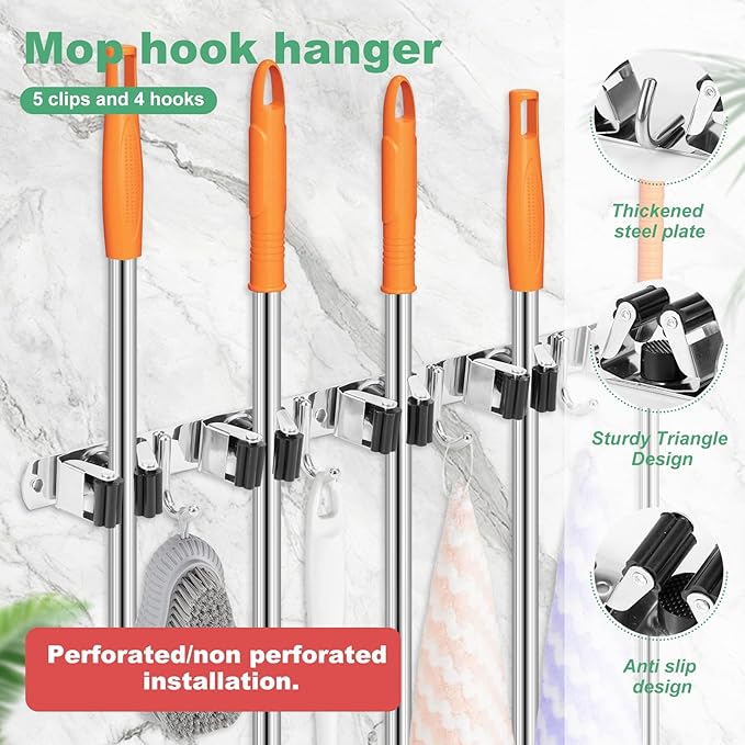 2 Pack Broom Holder Wall Mount 5 Racks 4 Hooks Stainless Steel Broom Mop Holder Anti Slip Storage Rack Strong Load Bearing Waterproof Broom and Mop Organizer Wall Hanging for Bathroom Kitchen Garage