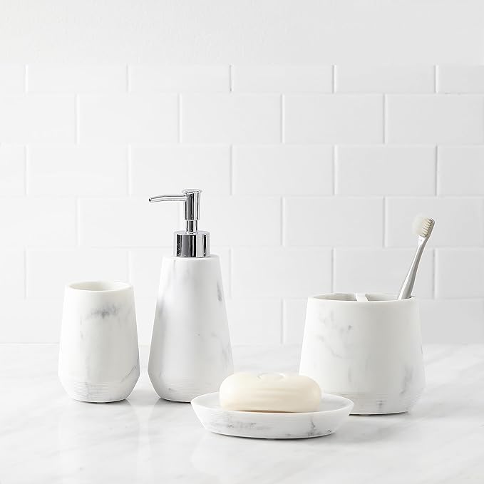 4 Piece Modern Bathroom Accessory Set with Marbled Style and Geometric Design Includes Lotion Dispenser, Toothbrush Holder, Tumbler, Soap Dish (Mordern Style Marble)