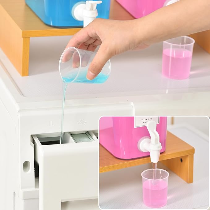 Liquid Laundry Detergent Dispenser Set with Shelf and Bamboo Lids for Laundry Room Organization and Storage - 2 Pack 96 oz Laundry Containers for Laundry Soap, Fabric Softener