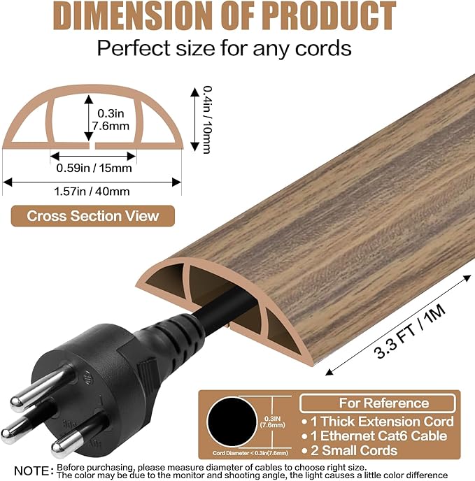 Floor Cord Cover Self Adhesive Cord Hider,3.3FT Cable Management, Extension Strip Protector for Wires, Prevent Cable Trips for Offices, Gyms, Exhibitions Cavity:0.51"(W) x0.3(H) Woodsmokedbrown