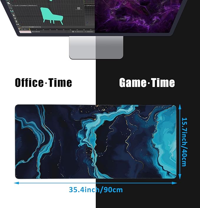 Blue Marble Desk Mat,Large Gaming Mouse Pad,Non-Slip Rubber Base Desk Pad with Stitched Edges for Desk Office Home Decor 35.4X15.7 Inch