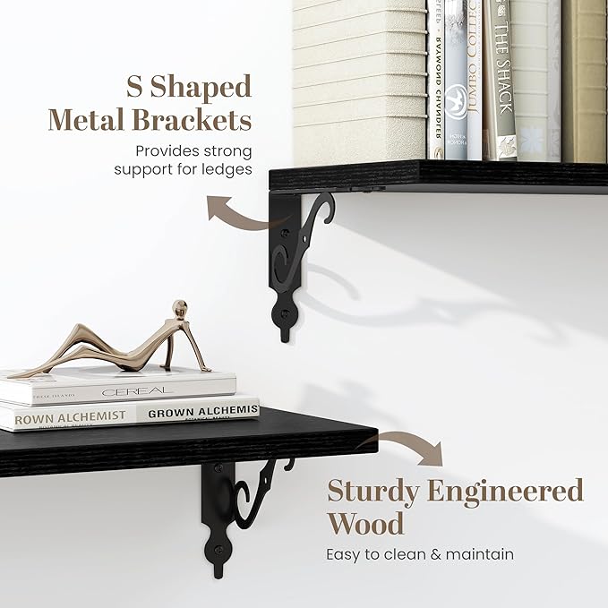 Fun Memories 36 Inches Floating Shelves, Rustic Long Wall Shelves, 8 Inch Deep Book Shelf Wall Mounted with Bracket, Wide Display & Storage Shelves for Living Room, Bathroom, Bedroom, Black, Set of 2