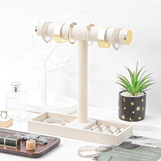 Necklace Display Holder, Bracelet Organizer Stand with Earrings Tray and Metal Lid, Jewelry Scrunchie Watches Tray Rack for Women Home Desk (Beige)