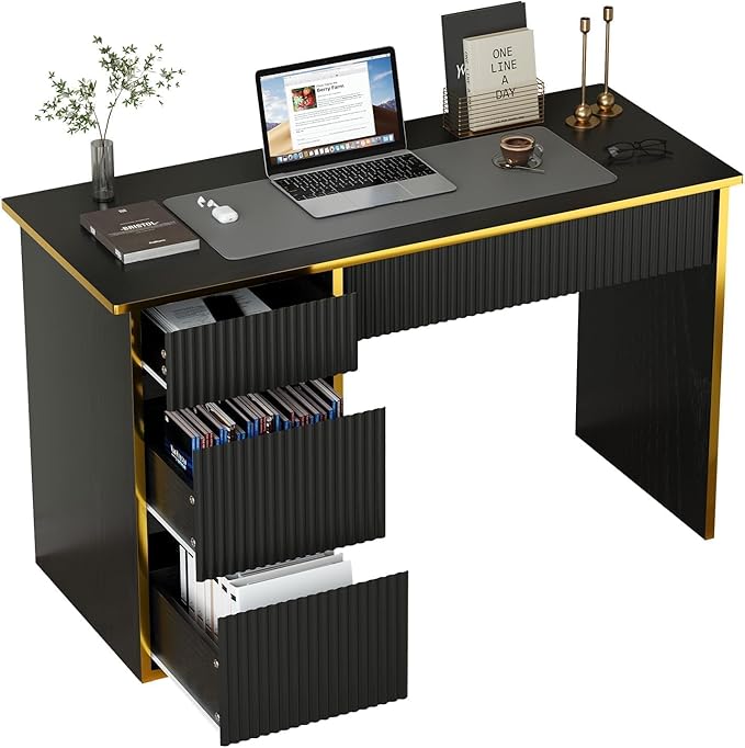 4 EVER WINNER 47'' Computer Desk with Drawers, Small Desk with Drawers File Cabinet, Writing Study Desk for Bedroom, Black Desk