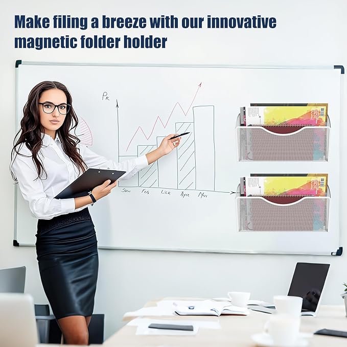 2 Pockets Magnetic File Holder for File Cabinets, Folder Holder Organizer- No Drilling Paper Document Holder, Large Capacity Office Hanging Magazine Rack for Refrigerator, Whiteboard, Office, Kitchen