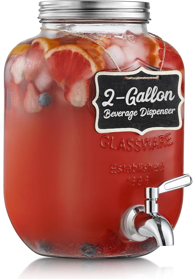 2 Gallon Glass Beverage Dispenser, 18/8 Stainless Steel Spigot and Lid - Glass Drink Dispensers for Parties - Mason Jar Drink Dispensers with Lids - Laundry Detergent Holder