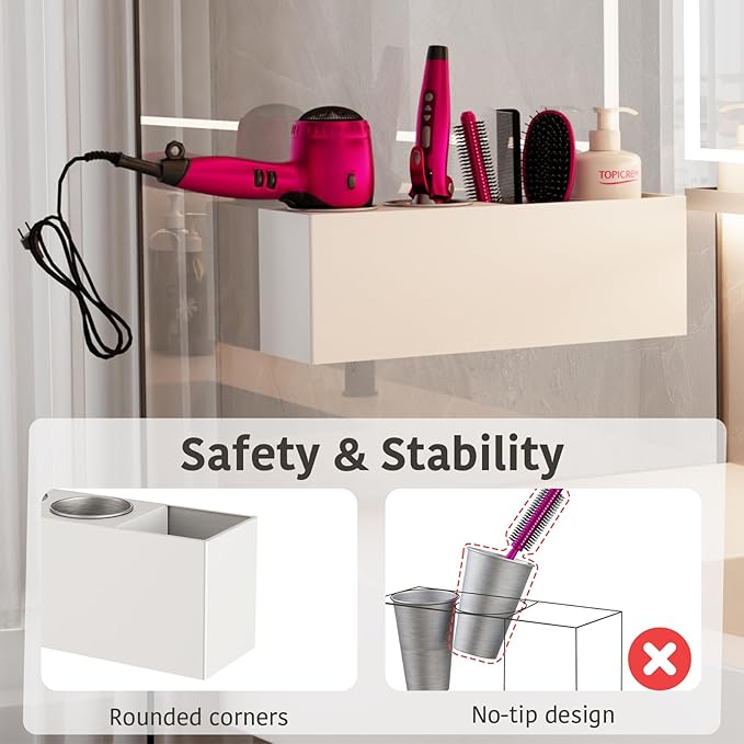 Wall Mount Hair Tool Organizer, Acrylic Hair Dryer Holder with 2 Stainless Steel Cup, for Hair Straighteners, Flat Iron, Curling Wand, Blow Dryer