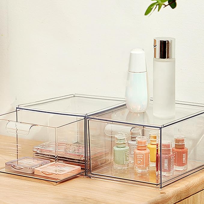 Clear Stackable Storage Drawers,2 Pack Acrylic Drawers Desk Organizers Makeup Organizer for Vanity, Bathroom,Cabinet,Desk Organization