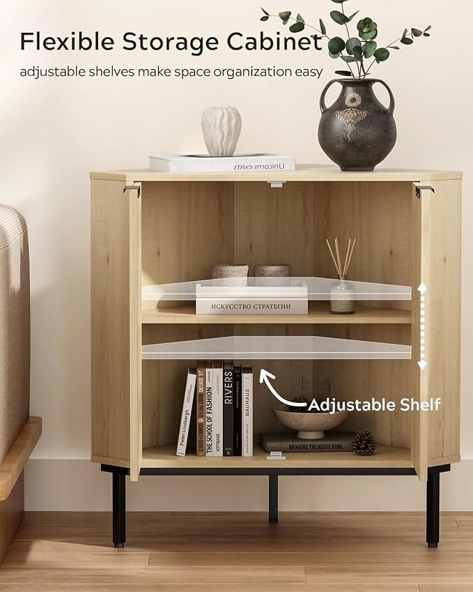 Fluted Corner Cabinet, Modern Small Corner Floor Cabinet with 2 Doors and 2-Tier Shelves, Freestanding Narrow Organizer for Living Room Kitchen Bathroom, Light Oak