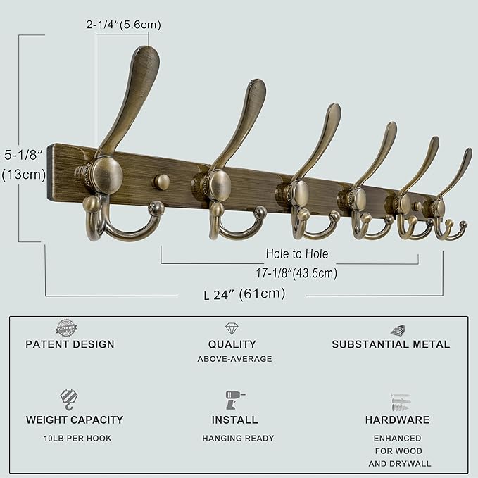 Dseap Coat Rack Wall Mount 2.0 Pro: 24” Long, 3X Tougher, Heavy Duty Stainless Steel Wall Coat Hanger with 6 Tri Hooks for Clothes Jackets Hats Entryway Closet, Bronze, Pack of 2