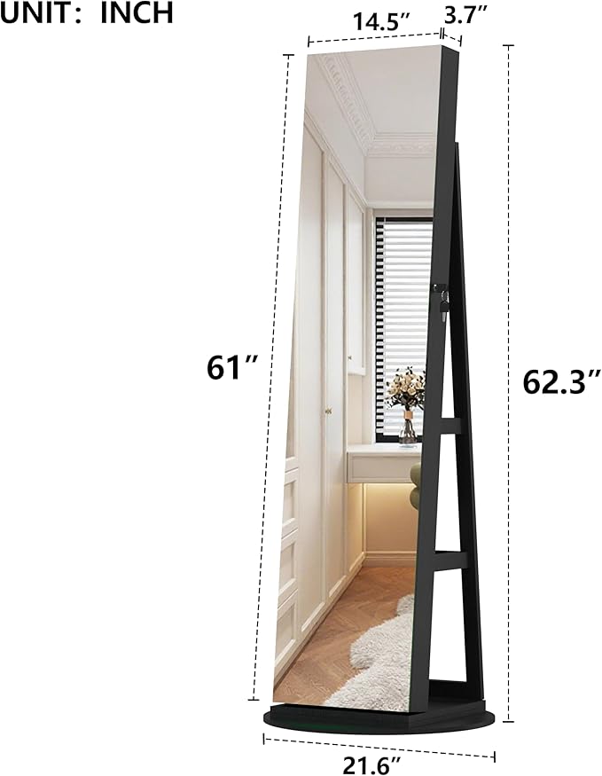 Montary 360° Rotating Jewelry Cabinet with Full-Length Mirror - Freestanding Jewelry Armoire with Lockable Storage, Built-In Lighted Mirror & Back Display Shelves, Black